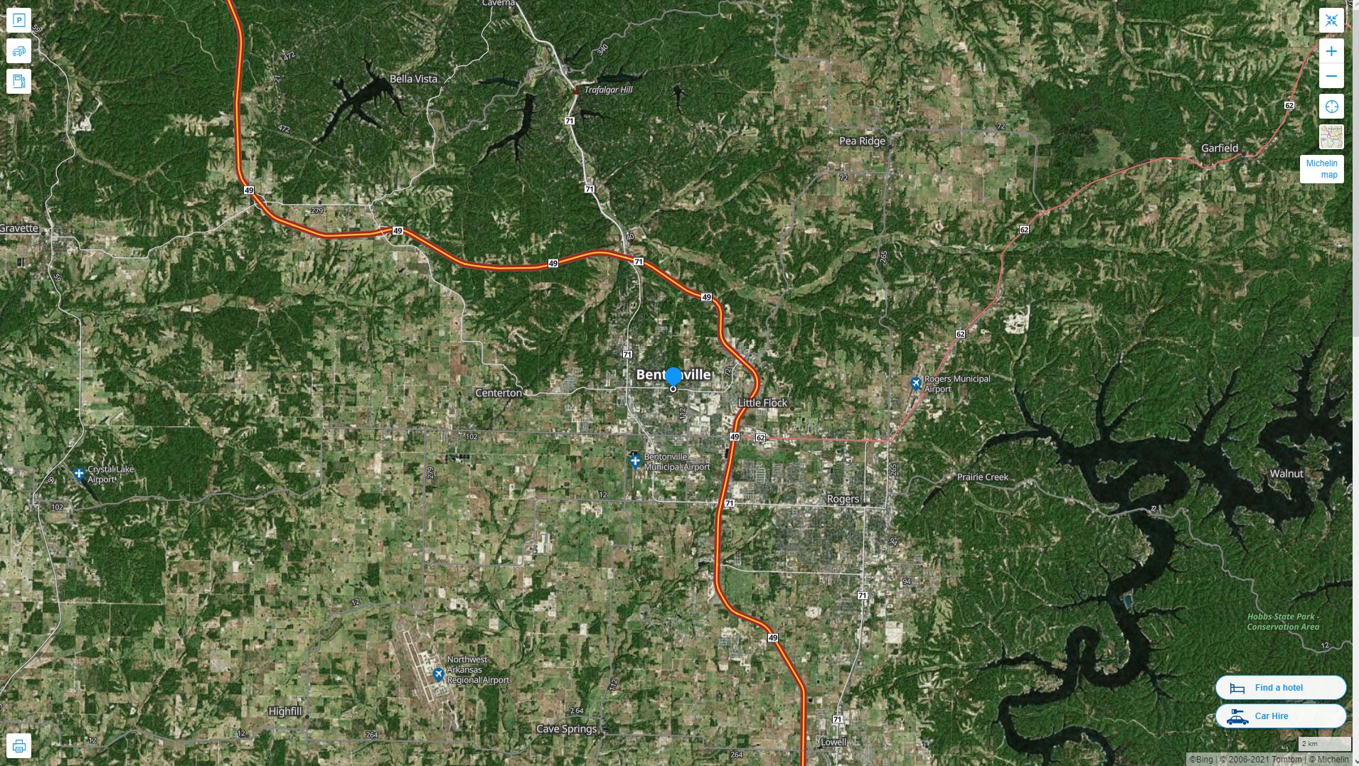Bentonville Arkansas Highway and Road Map with Satellite View